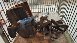 LOT OF WOOD CLAMPS IN CART AND WORK BENCH
