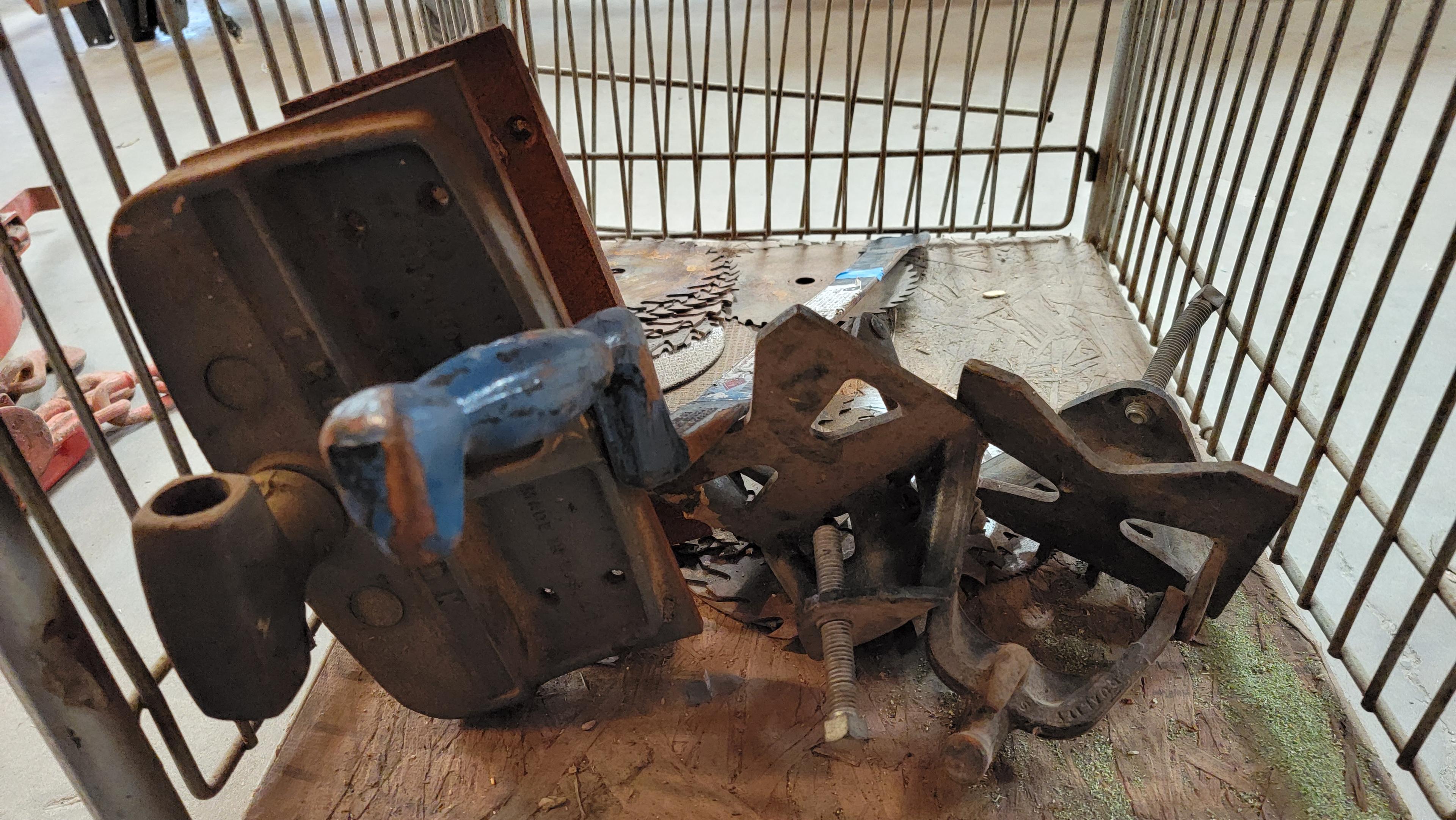 LOT OF WOOD CLAMPS IN CART AND WORK BENCH