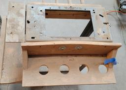 LOT OF WOOD CLAMPS IN CART AND WORK BENCH