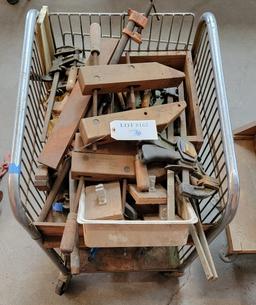 LOT OF WOOD CLAMPS IN CART AND WORK BENCH