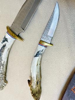 CUSTOM STAG HANDLE HAMMERED DOUBLE KNIVES IN LEATHER SHEATH