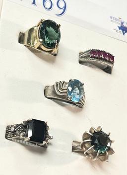 (5) STERLING RINGS WITH GEMSTONES