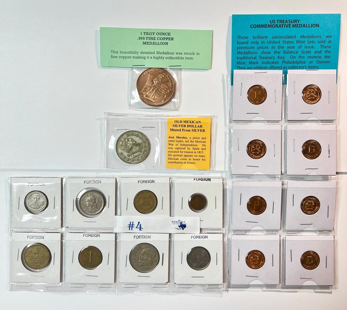 LOT OF SILVER MEXICO DOLLAR, COPPER MEDALLION, FOREIGN COINS AND COMMEMORATIVE MEDALLIONS