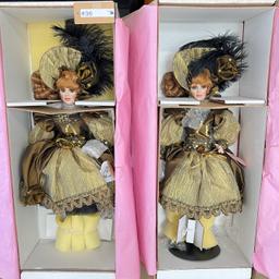 2PC FRANKLIN MONT HEIRLOOM DOLLS IN BOXES - GOLD AND BLACK