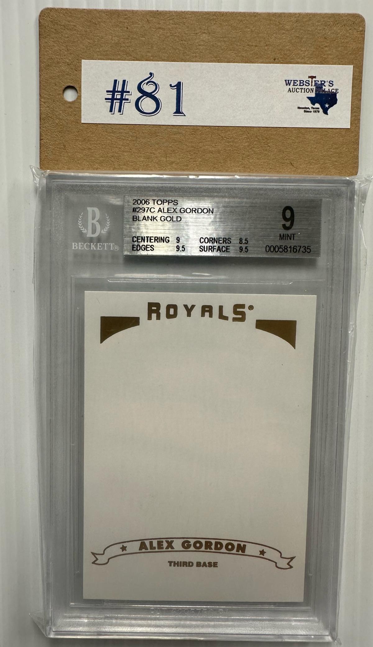 RARE BLANK ERROR CARD 2006 TOPPS ALEX GORDON GRADED BECKETT 9 MINT - BLANK GOLD