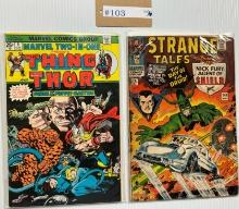 2PC VINTAGE 1975 AND 1966 MARVEL COMIC BOOKS - THE THING AND THE MIGHTY THOR AND STRANGE TALES