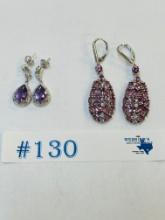 2PC STERLING SILVER SIMULATED DIAMOND AND GEMSTONE DANGLE EARRINGS