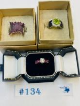 3PC STERLING SILVER SIMULATED GEMSTONE RINGS