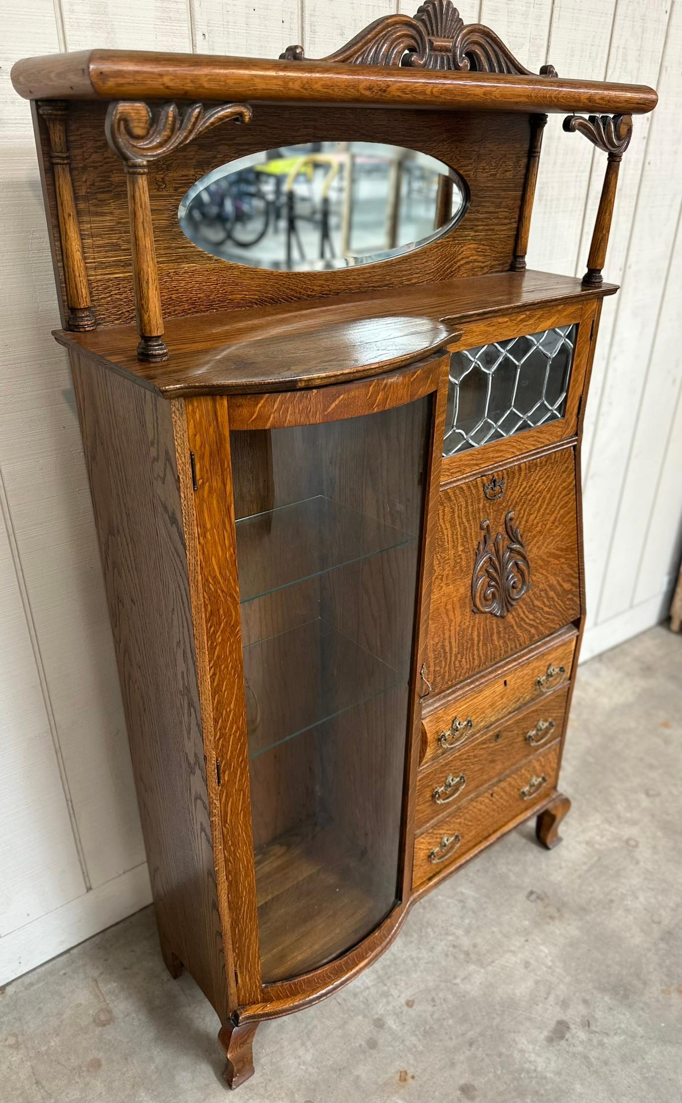 ANTIQUE TIGER OAK DROP-FRONT SECRETARY