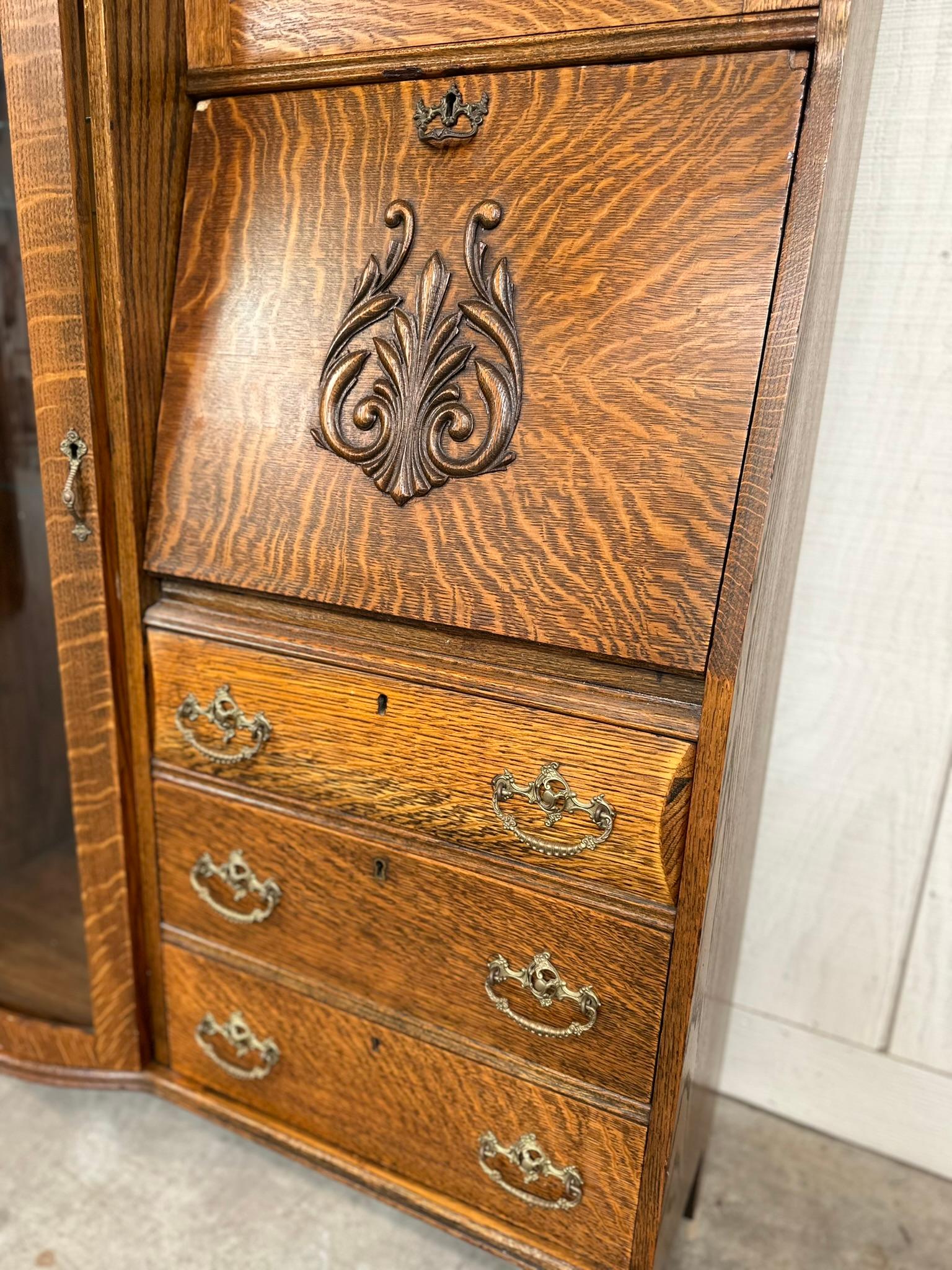 ANTIQUE TIGER OAK DROP-FRONT SECRETARY