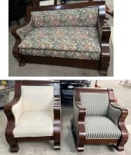 3 PIECE ANTIQUE SET - SLEEPER SOFA, CHAIR, ROCKER
