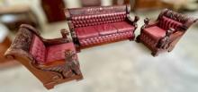3-PIECE CARVED WOOD & LEATHER SOFA/CHAIR SET