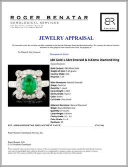 18K Gold 1.58ct Emerald & 0.83ctw Diamond Ring