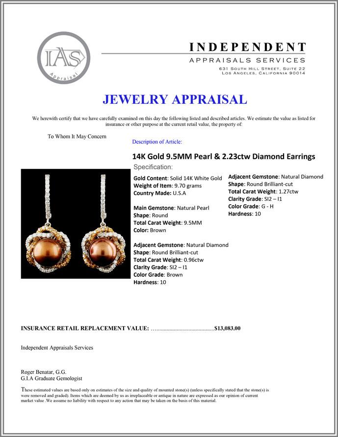 14K Gold 9.5MM Pearl & 2.23ctw Diamond Earrings
