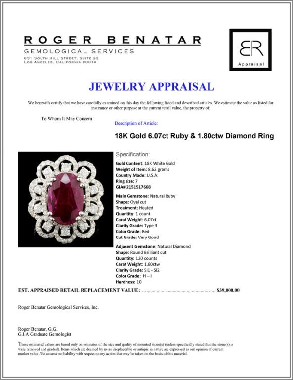 18K Gold 6.07ct Ruby & 1.80ctw Diamond Ring