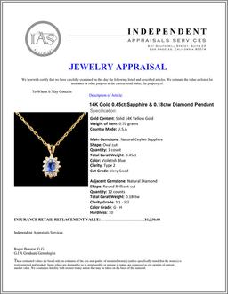 14K Gold 0.45ct Sapphire & 0.18ctw Diamond Pendant