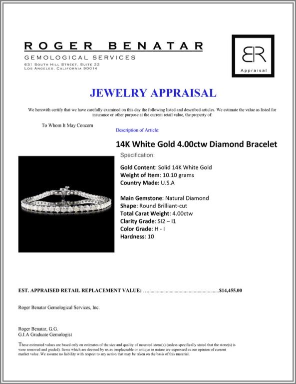 14K White Gold 4.00ctw Diamond Bracelet