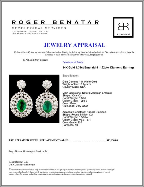 14K Gold 1.39ct Emerald & 1.52ctw Diamond Earrings