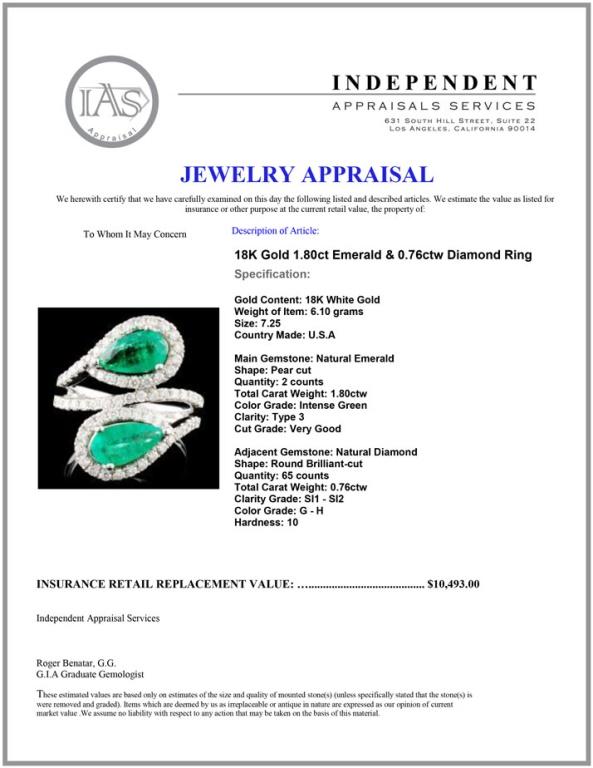 18K Gold 1.80ct Emerald & 0.76ctw Diamond Ring