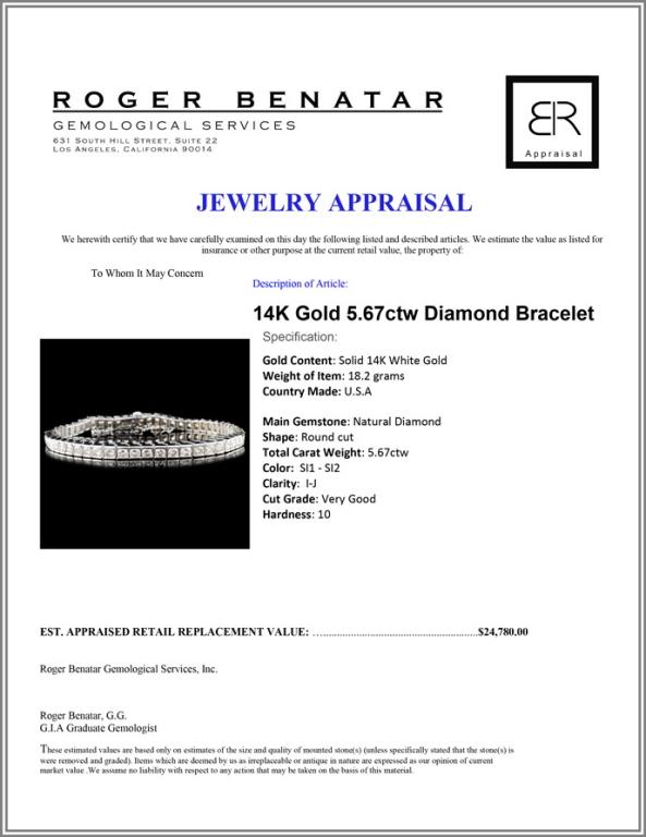 14K Gold 5.67ctw Diamond Bracelet