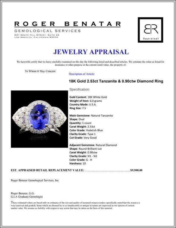 18K Gold 2.53ct Tanzanite & 0.90ctw Diamond Ring