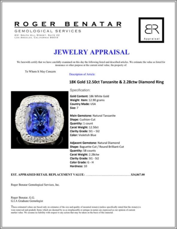 18K Gold 12.50ct Tanzanite & 2.28ctw Diamond Ring