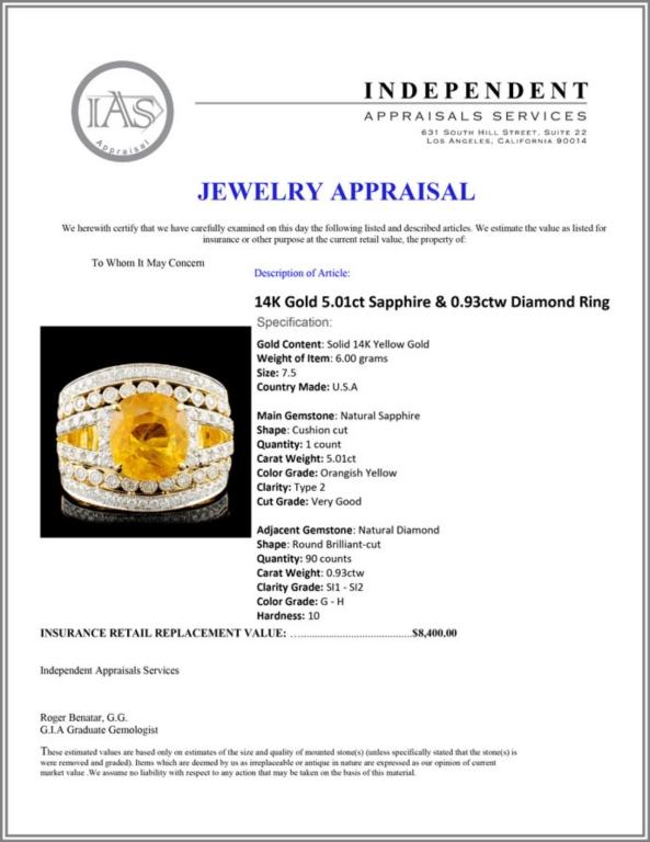 14K Gold 5.01ct Sapphire & 0.93ctw Diamond Ring