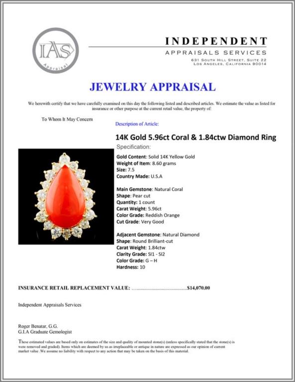 14K Gold 5.96ct Coral & 1.84ctw Diamond Ring