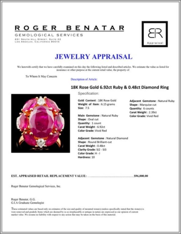 18K Rose Gold 6.92ct Ruby & 0.48ct Diamond Ring