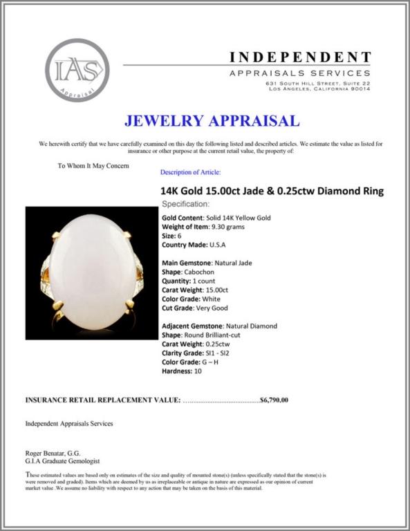 14K Gold 15.00ct Jade & 0.25ctw Diamond Ring