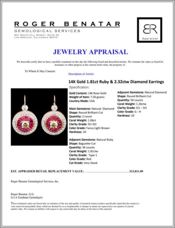 14K Gold 1.81ct Ruby & 2.32ctw Diamond Earrings