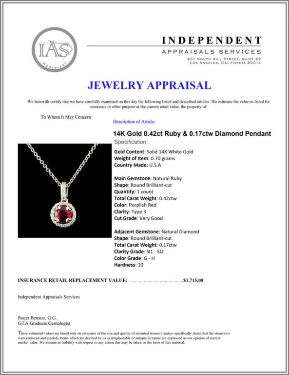 14K Gold 0.42ct Ruby & 0.17ctw Diamond Pendant