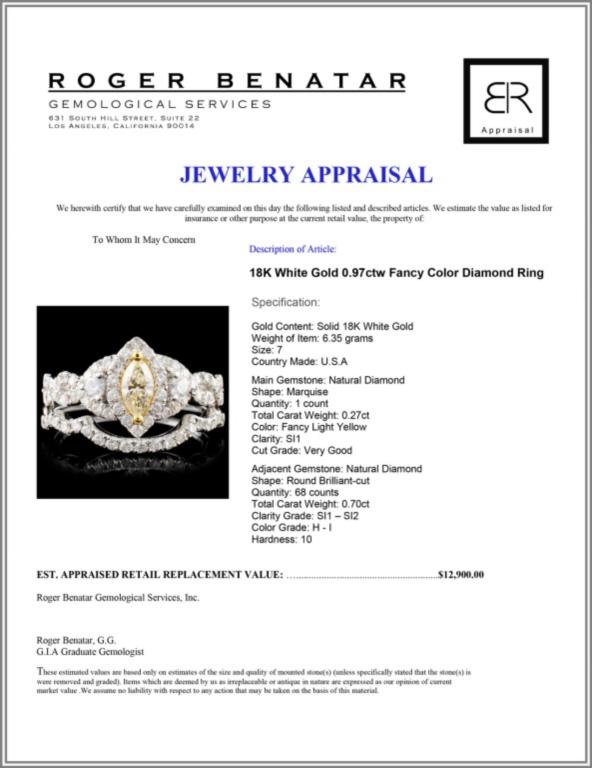 18K White Gold 0.97ctw Fancy Color Diamond Ring