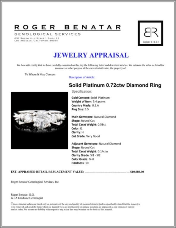Solid Platinum 0.72ctw Diamond Ring