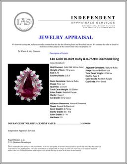 14K Gold 10.00ct Ruby & 0.75ctw Diamond Ring