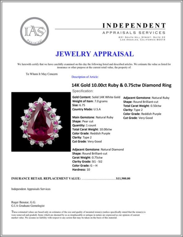 14K Gold 10.00ct Ruby & 0.75ctw Diamond Ring