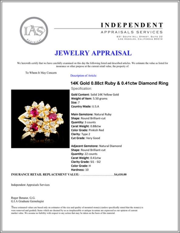 14K Gold 0.88ct Ruby & 0.41ctw Diamond Ring