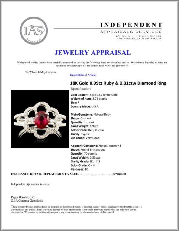 18K Gold 0.99ct Ruby & 0.31ctw Diamond Ring