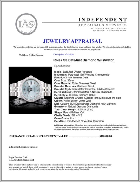 Rolex SS DateJust Diamond 36mm Wristwatch