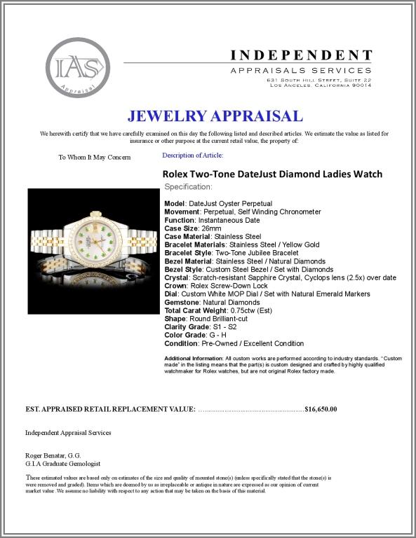 Rolex YG/SS DateJust Diamond Ladies Watch