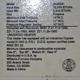William Wall Mount Propane Heater Model 2506541