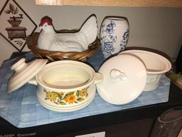 (2) Covered Bowls, Small Vase, Chicken Cover Without Base, & (1) Basket