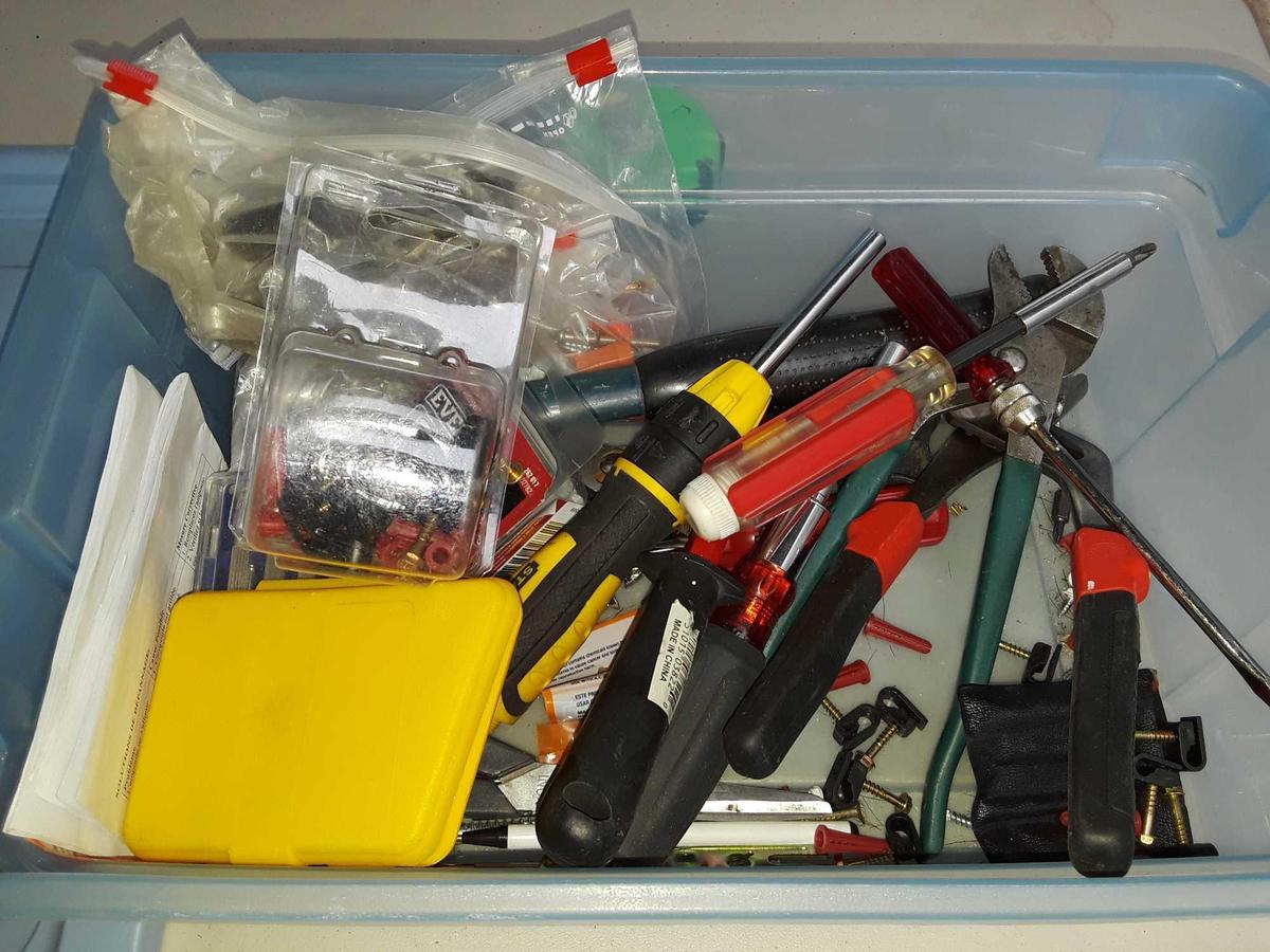 Plastic tote of assorted hand tools