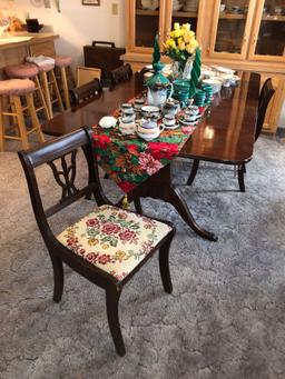 Mahogany Drop Leaf Dining Table w/ 3 Leaves & Watertown Slide and (4) Upholstered Seat Dining Chairs