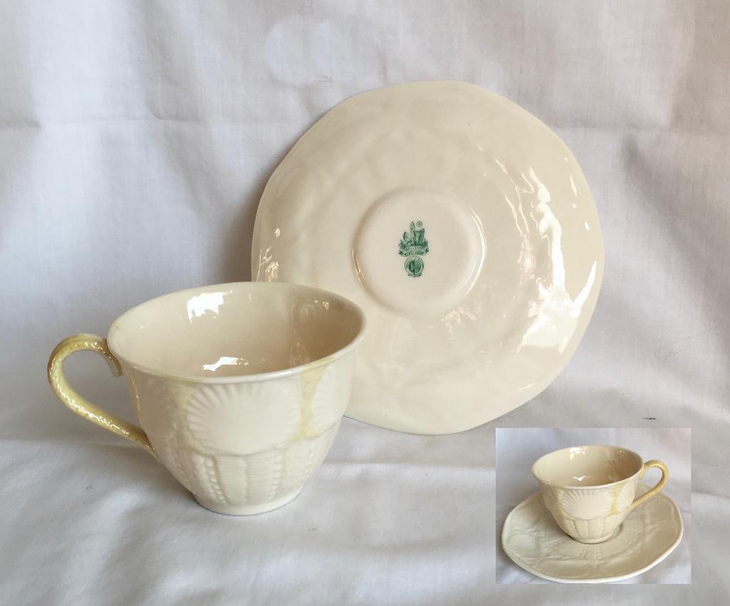 Belleek Shell Pattern Cup & Saucer 7th mark green