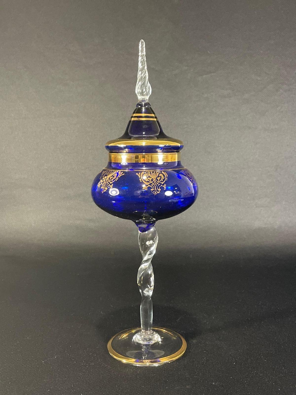 Italian Cobalt Blue Lidded Compote w/ Clear Spiraled Glass Stem & Gold Trim