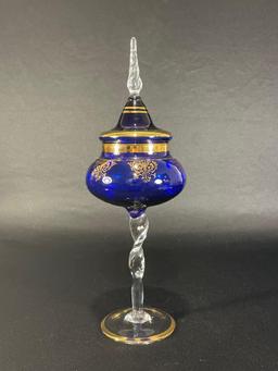 Italian Cobalt Blue Lidded Compote w/ Clear Spiraled Glass Stem & Gold Trim