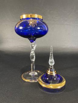Italian Cobalt Blue Lidded Compote w/ Clear Spiraled Glass Stem & Gold Trim
