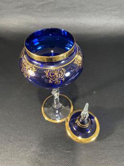 Italian Cobalt Blue Lidded Compote w/ Clear Spiraled Glass Stem & Gold Trim