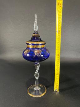 Italian Cobalt Blue Lidded Compote w/ Clear Spiraled Glass Stem & Gold Trim